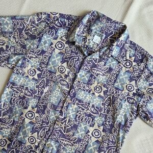 Beach House Hawaiian Aloha Blue White Fish Patterned Shirt Made in Fiji